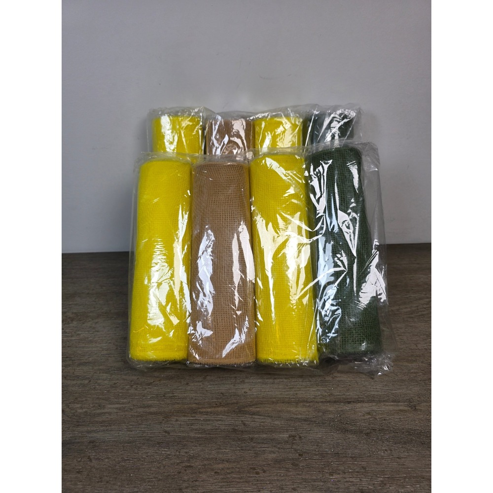 Lot of 8 Poly Burlap Deco Mesh Rolls Yellow Green Beige Wreath Making Craft New
